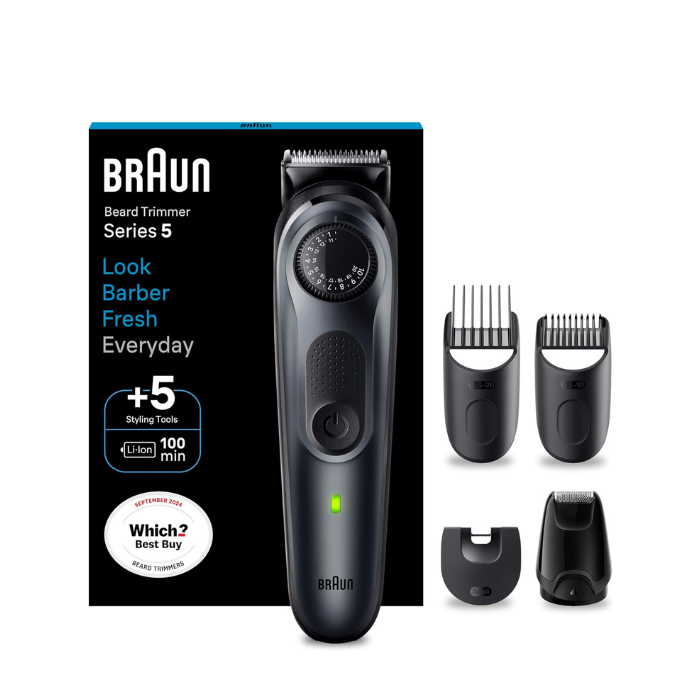 Braun Beard Trimmer  With 5 styling tools, Precision Wheel, 100min runtime, grey