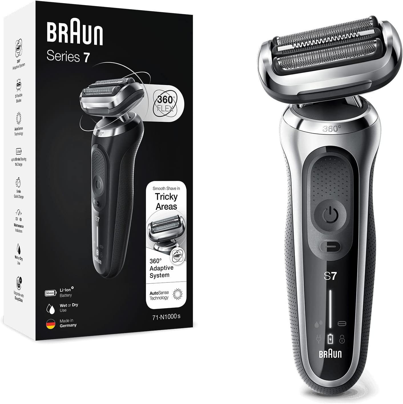 Braun Series 7 Electric Shaver for Men, Silver, 360° Flex, Wet & Dry, Rechargeable, Wireless Shaver
